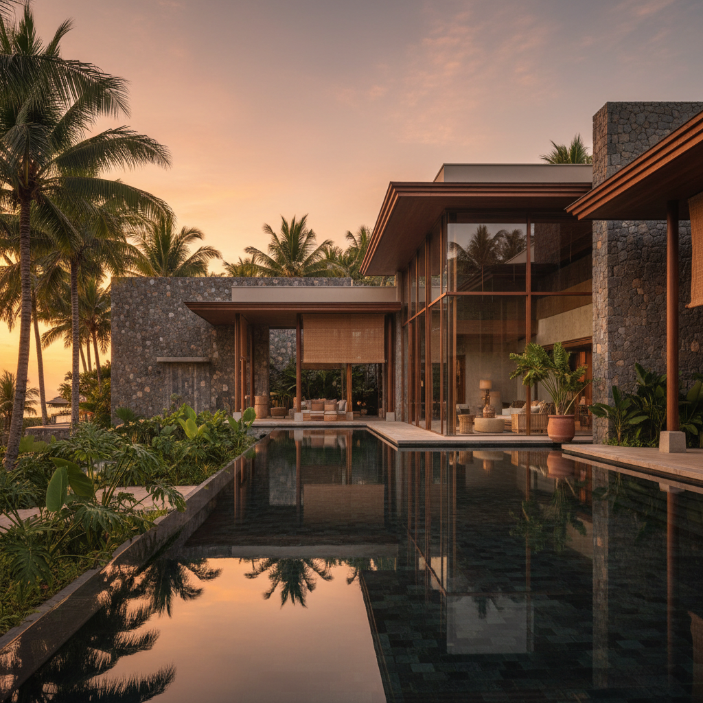 Luxurious Aman resort pavilion with minimalist architecture and infinity pool at sunset, showcasing the brand's signature integration with nature