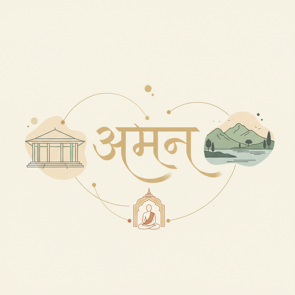 Conceptual illustration of Aman's founding philosophy showing the Sanskrit word for peace surrounded by symbols of minimalist architecture, nature, and cultural heritage