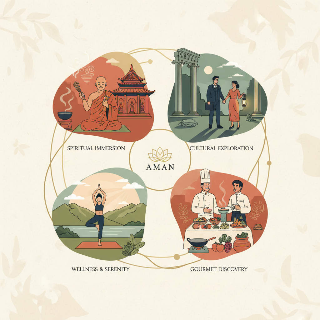 Illustration showcasing Aman's exclusive guest experiences including cultural ceremonies, private heritage site access, culinary experiences, and wellness activities