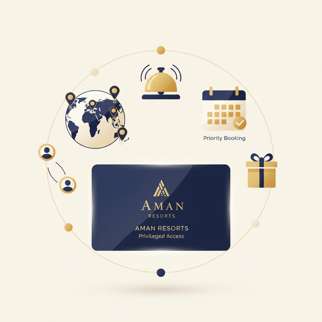 Illustration of Aman membership benefits showing exclusive access, global properties, personalized service, and priority booking advantages