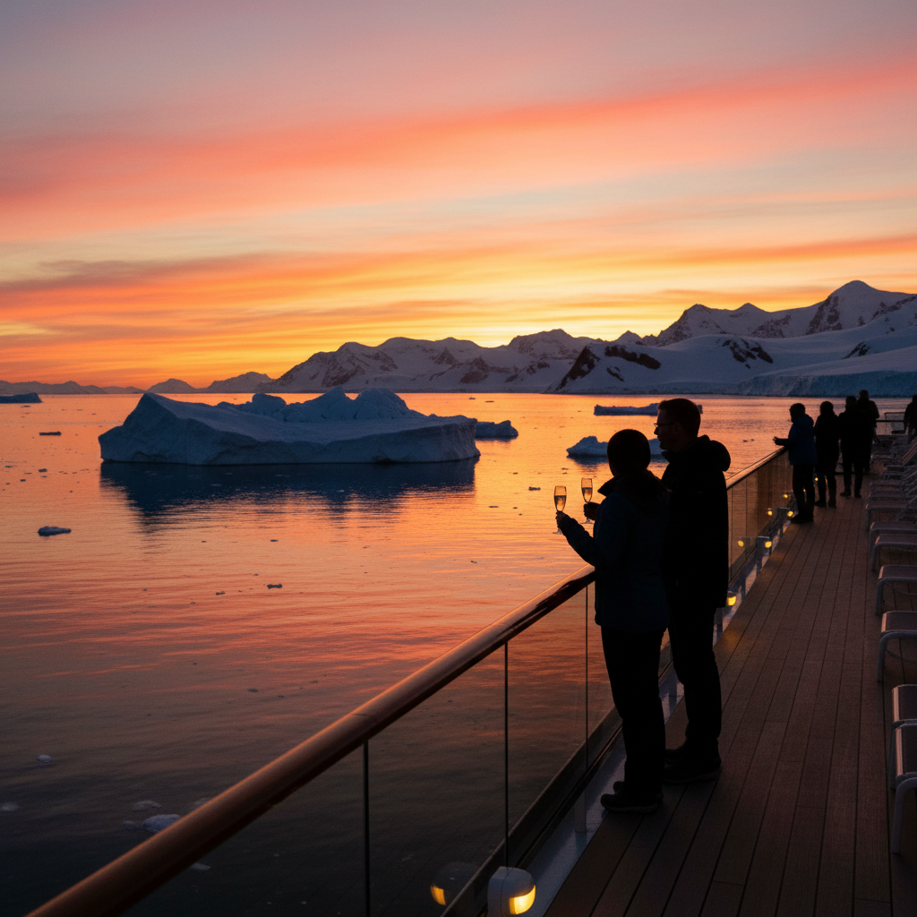 Luxury cruise passengers enjoying Antarctic sunset from ship deck with dramatic icebergs and glaciers in background