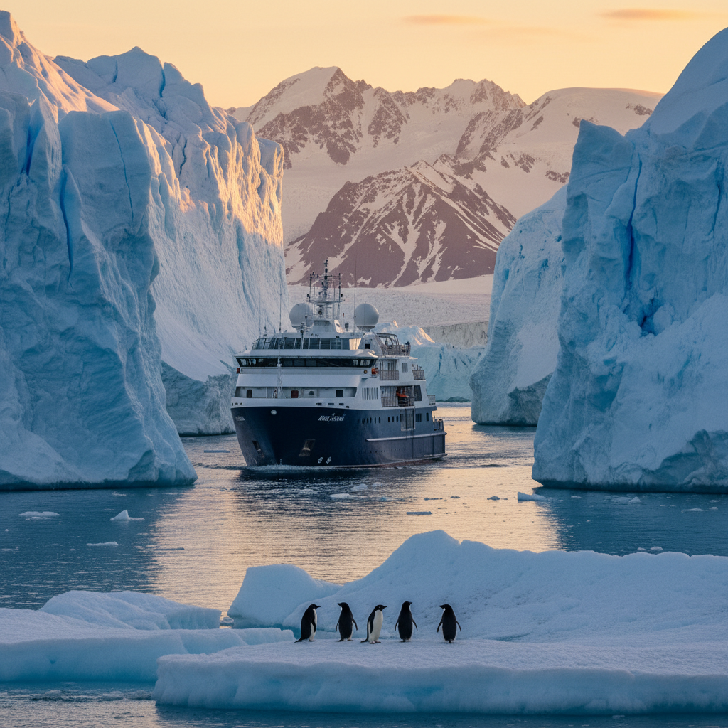 Luxury expedition cruise ship navigating through Antarctic ice formations with penguins on ice floe in foreground
