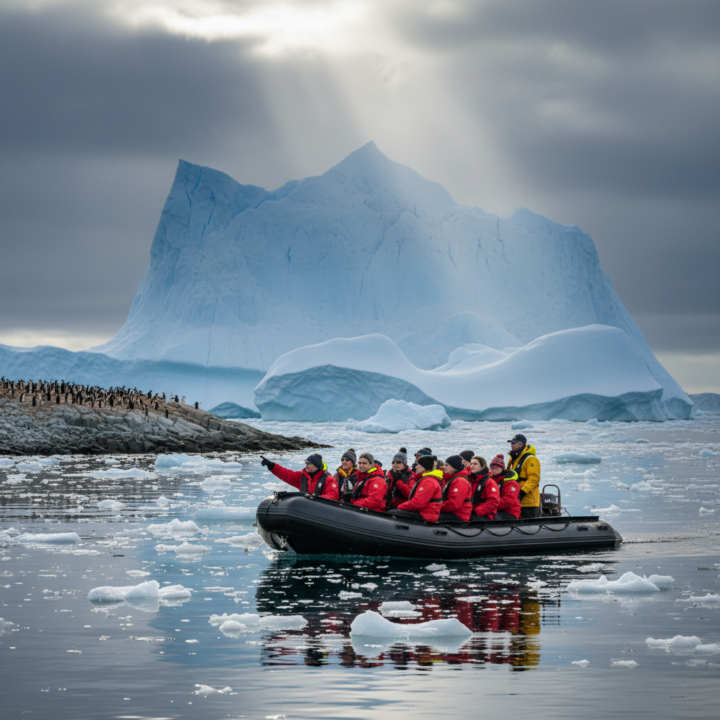 Expedition passengers in Zodiac boat viewing Antarctic wildlife and icebergs during shore excursion