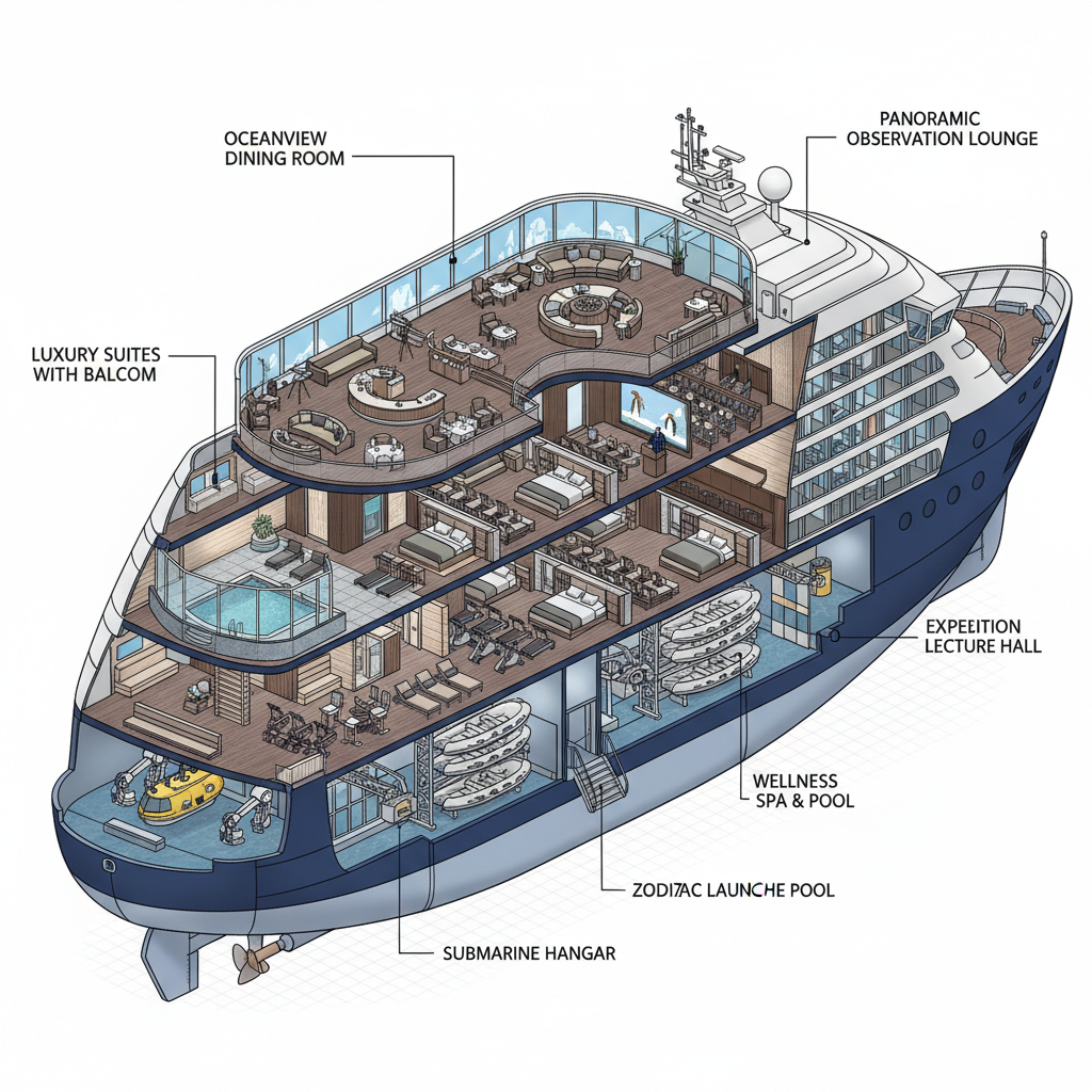 Cross-section illustration of luxury Antarctic expedition ship showing onboard amenities and expedition features