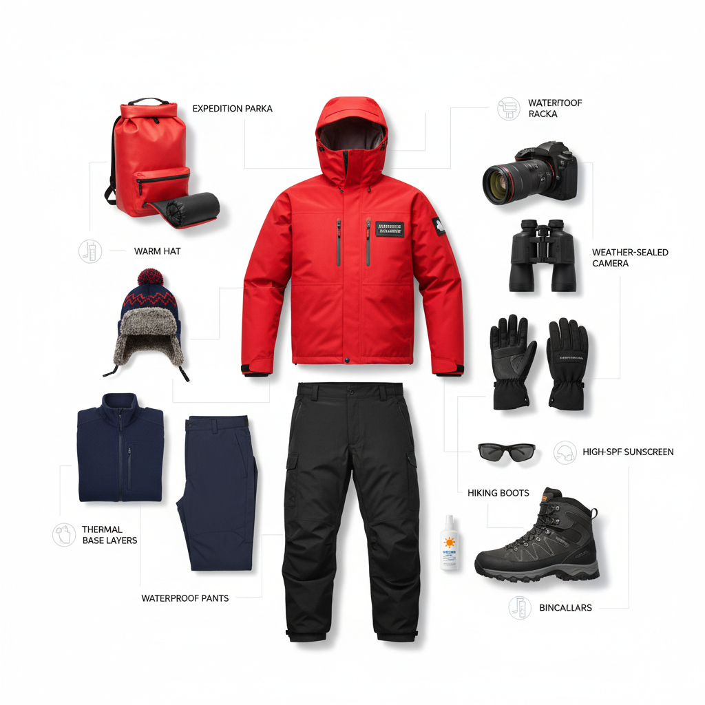 Essential gear and clothing layout for Antarctic expedition cruise including parka, layers, and equipment
