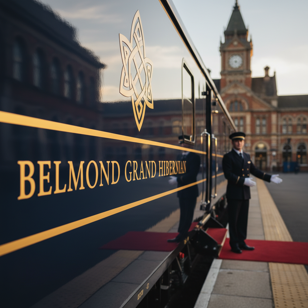 Belmond Grand Hibernian train carriage exterior with Celtic emblem and attendant at Dublin station