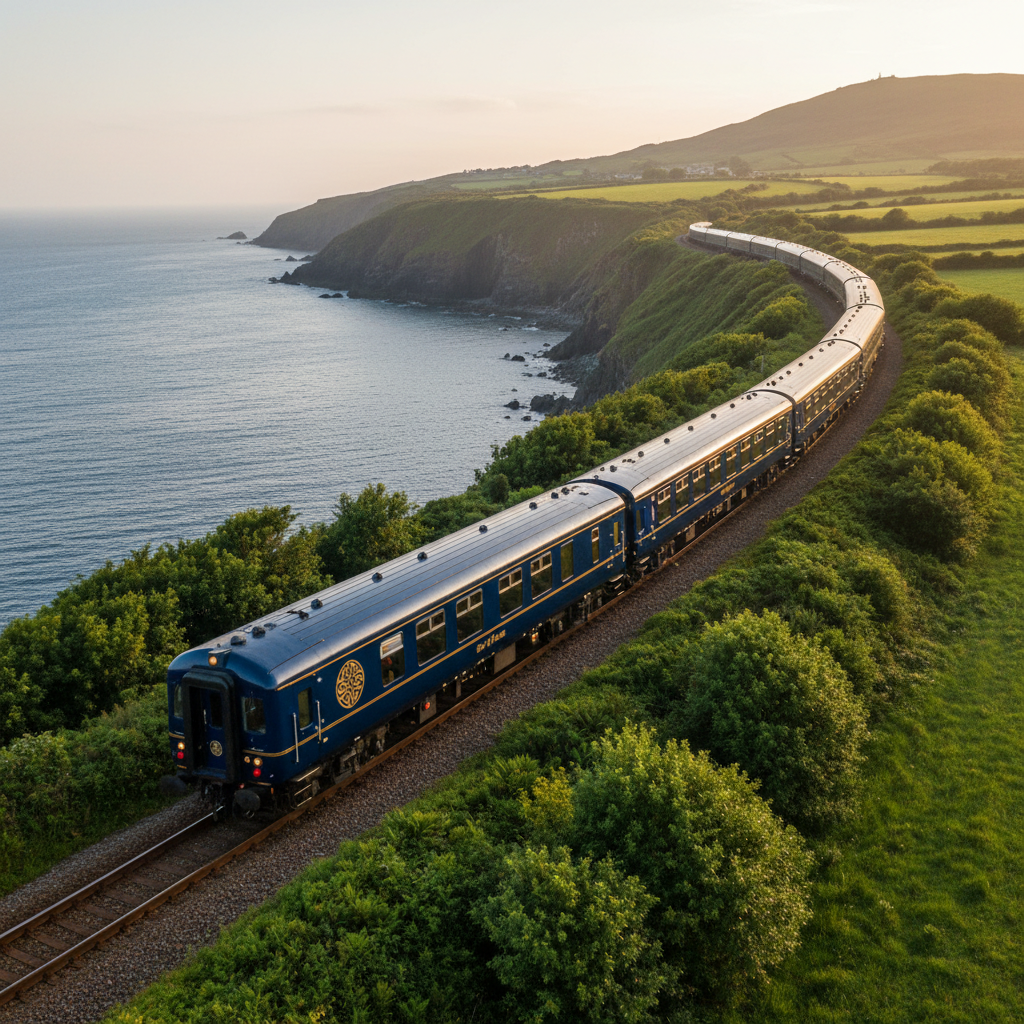 Belmond Grand Hibernian luxury train traveling through scenic Irish countryside along coastal tracks