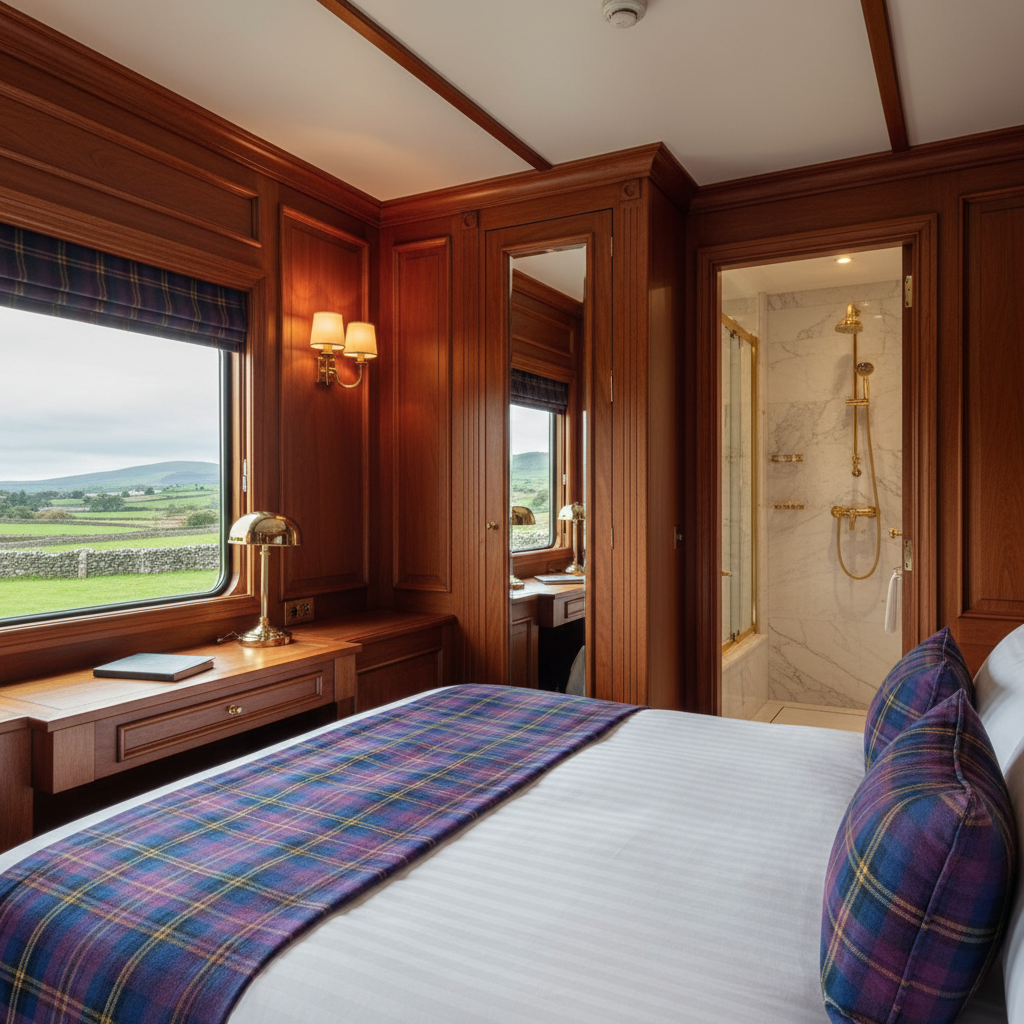 Luxurious en-suite cabin interior of Belmond Grand Hibernian with Georgian design and tartan bedding