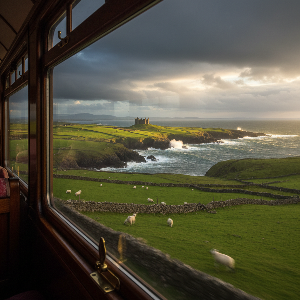 Dramatic Irish countryside landscape with green hills, coastal cliffs and castle ruins viewed from luxury train
