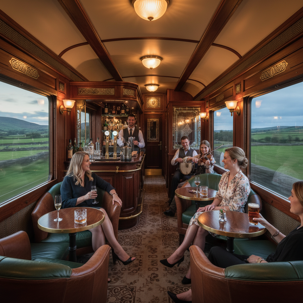 Elegant dining car interior of Belmond Grand Hibernian with gourmet Irish cuisine and Georgian design