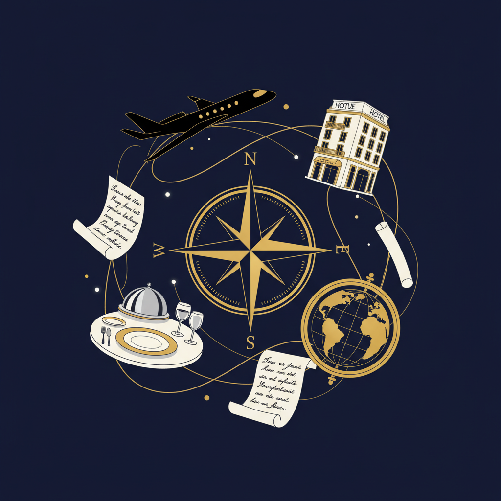 Conceptual illustration of bespoke travel agency elements including compass, private jet, and luxury accommodations