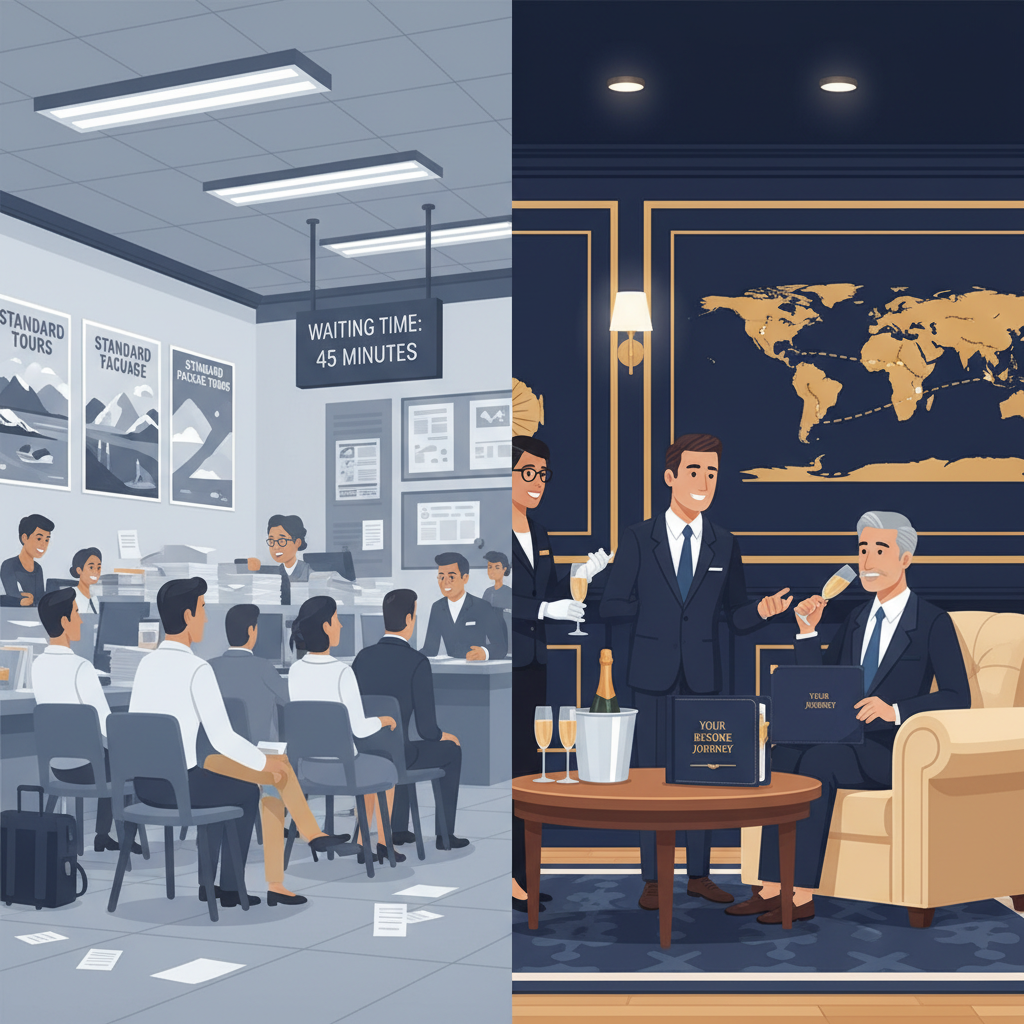 Split comparison illustration showing standard travel agency versus bespoke luxury travel service