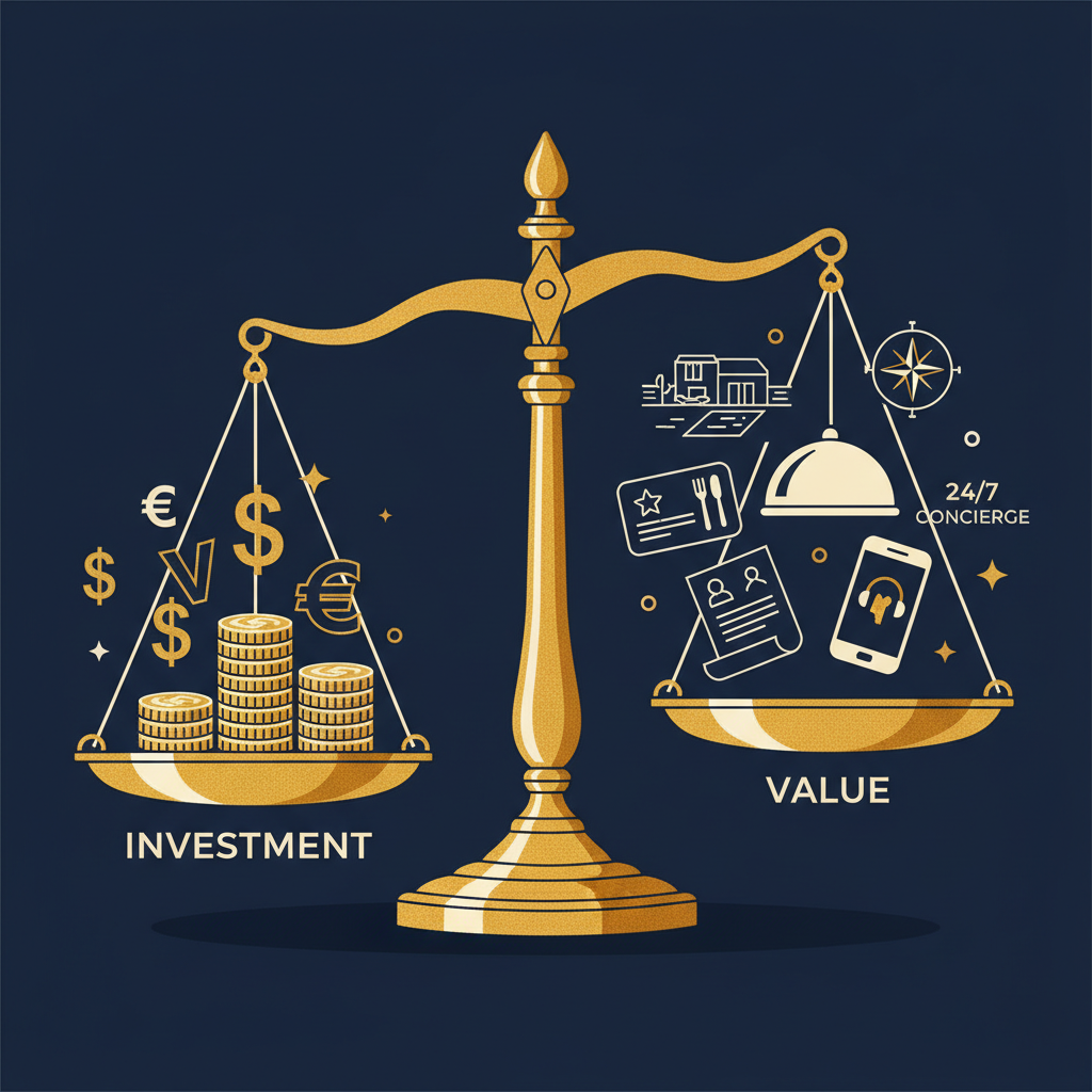 Conceptual illustration of balanced scale showing investment versus value of bespoke travel services