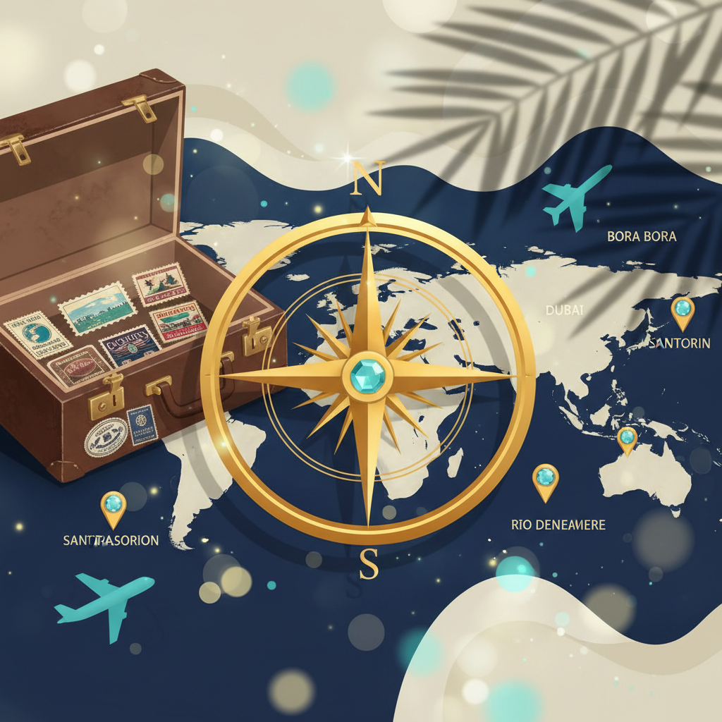 Artistic compass and world map illustration symbolizing curated luxury travel journey and strategic planning