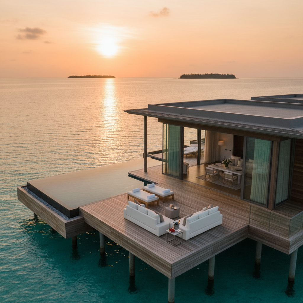 Exclusive overwater villa with infinity pool at sunset representing luxury travel destinations