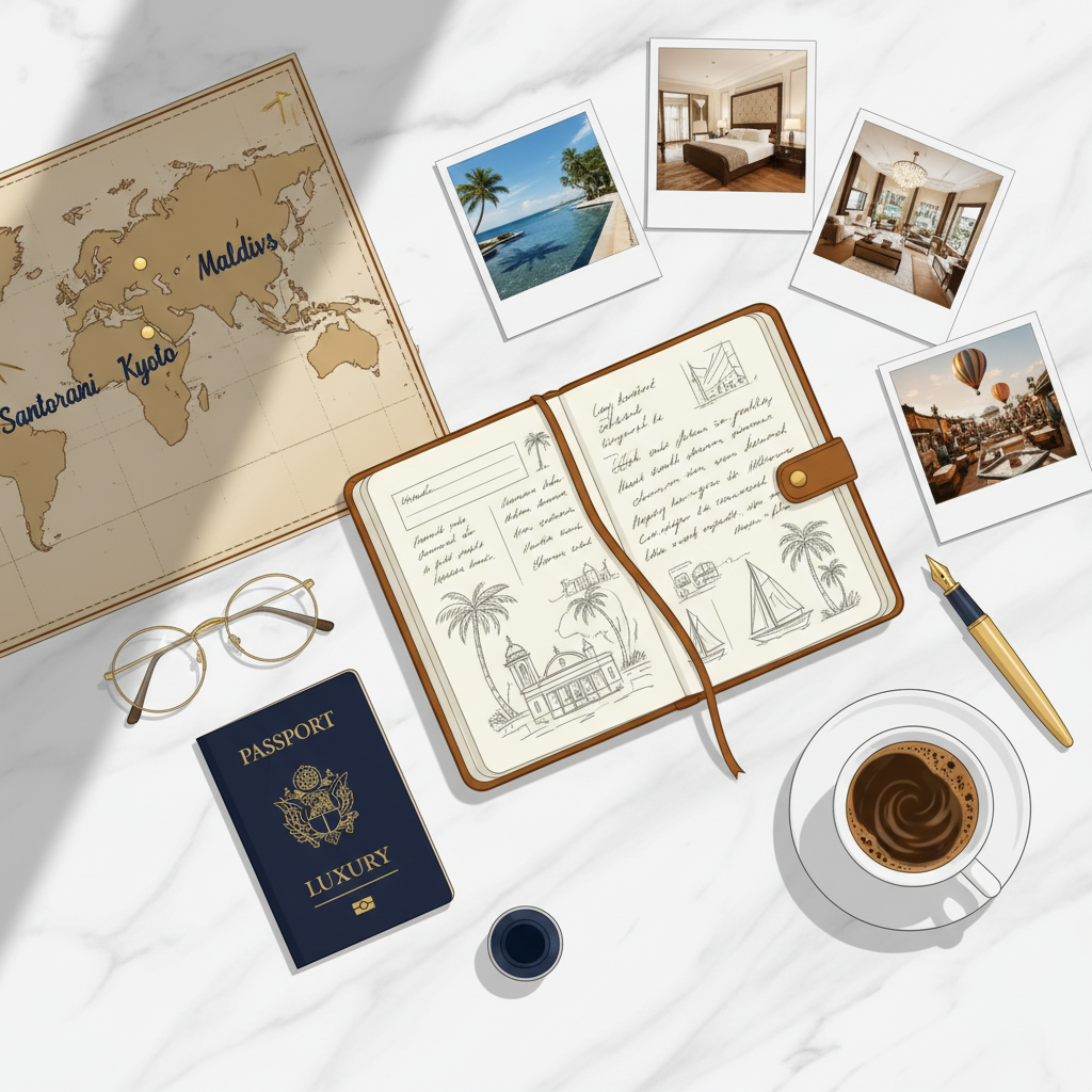 Luxury travel planning flat lay with journal, world map, and travel photos illustrating priority definition process