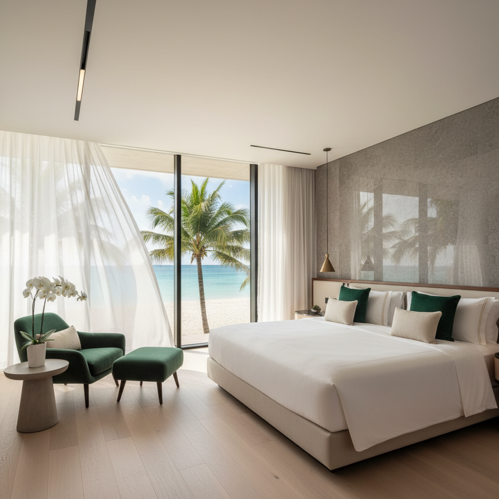 Luxury boutique hotel suite interior with ocean views and contemporary design elements