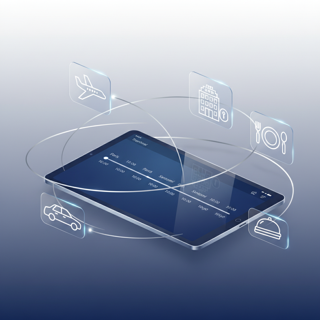 Digital illustration of luxury travel logistics coordination showing connected planning elements