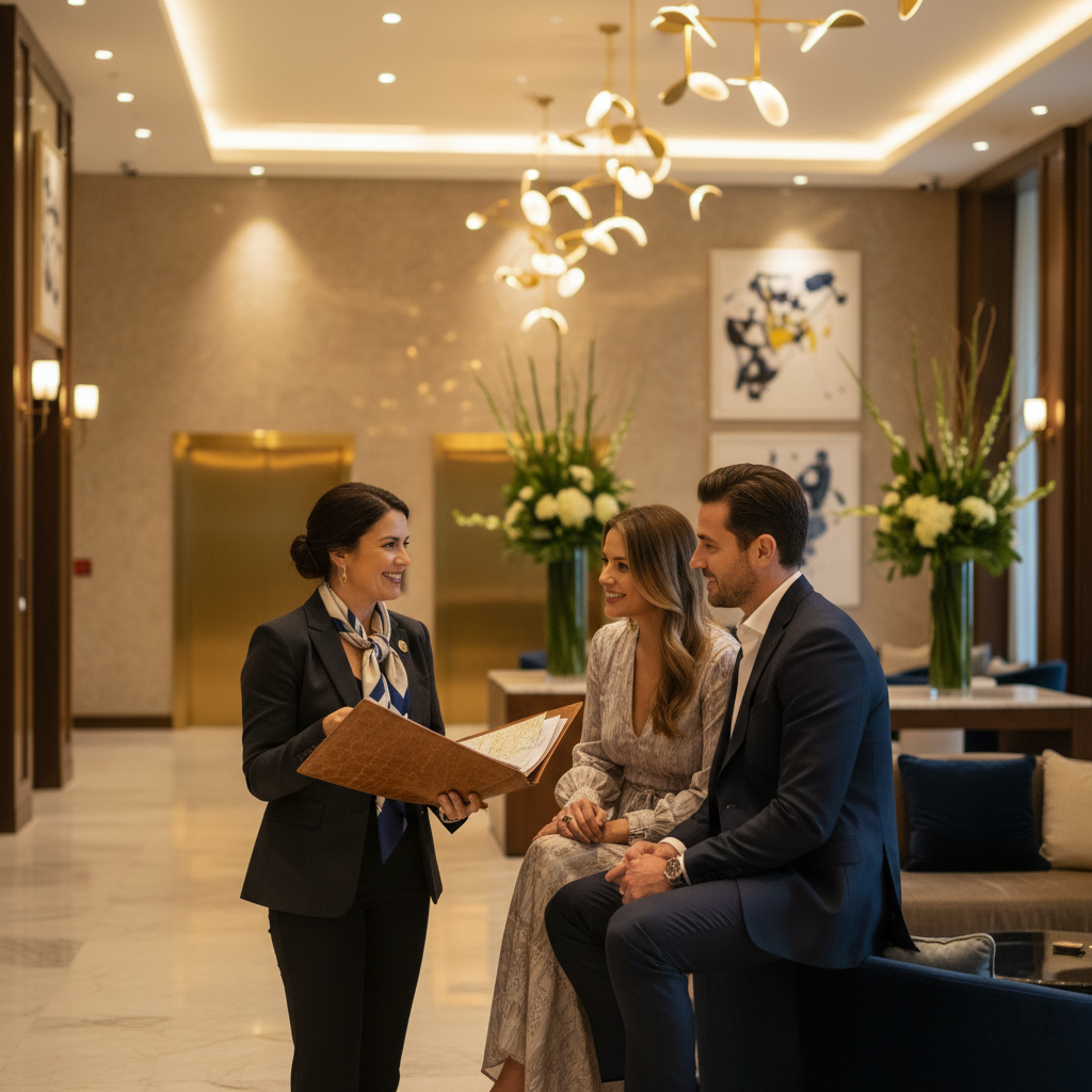 Luxury travel advisor consulting with clients in elegant hotel lobby demonstrating personalized service