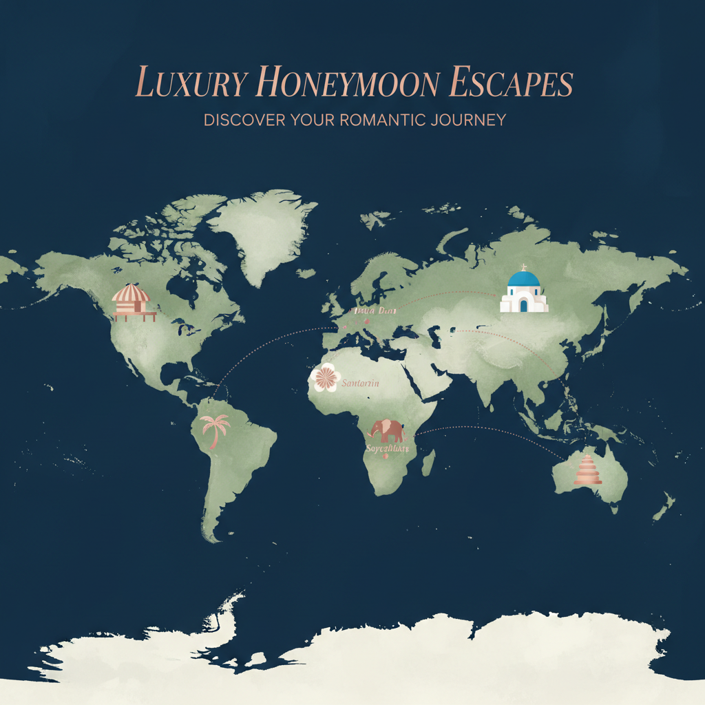 Illustrated world map showing curated exotic honeymoon destinations including Maldives, Bora Bora, Santorini, and safari locations with luxury travel route connections