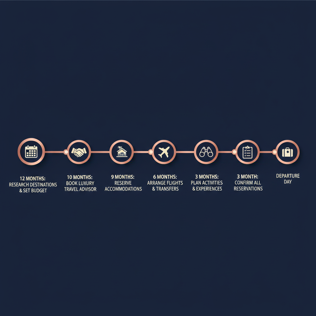 Luxury honeymoon planning timeline infographic showing key booking milestones from 12 months before travel to departure day