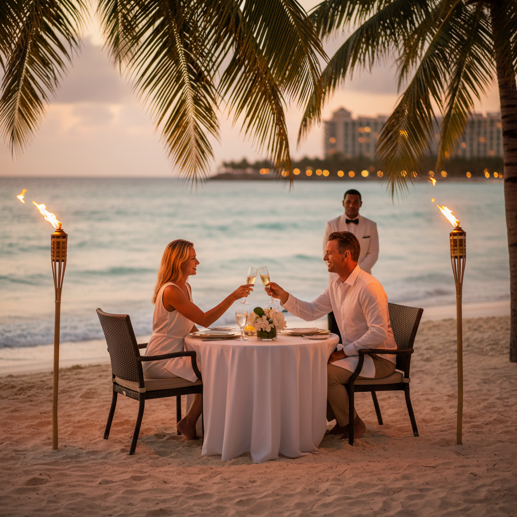 Romantic couple enjoying a private beachfront dinner at sunset at a five-star all-inclusive resort