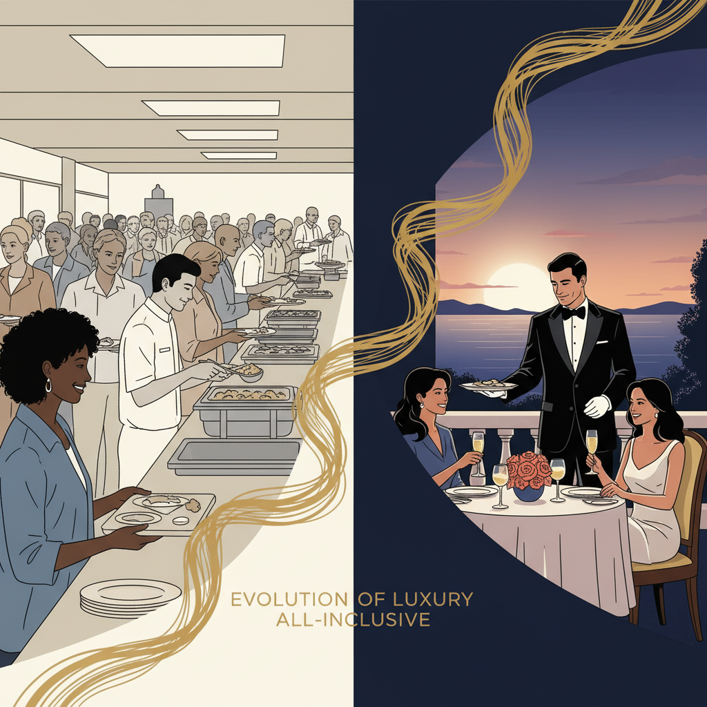 Conceptual illustration showing the evolution from traditional to luxury all-inclusive resort experiences