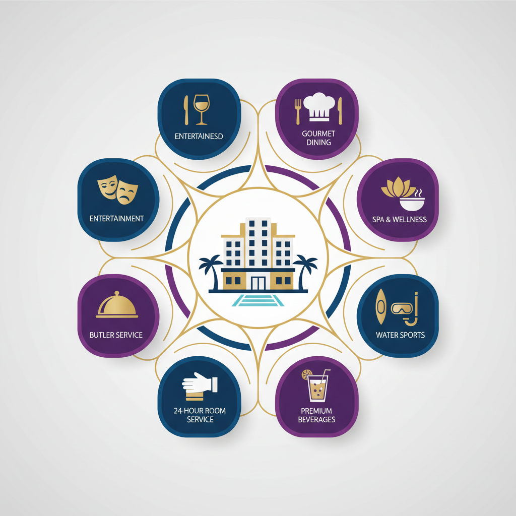 Infographic showing premium inclusions in five-star all-inclusive resort packages including dining, spa, activities, and personalized services