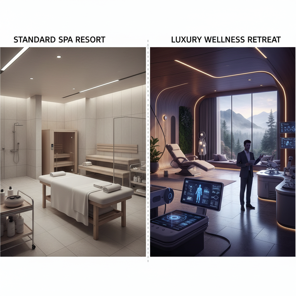 Comparison illustration showing differences between standard spa resorts and luxury wellness retreats with personalized treatments