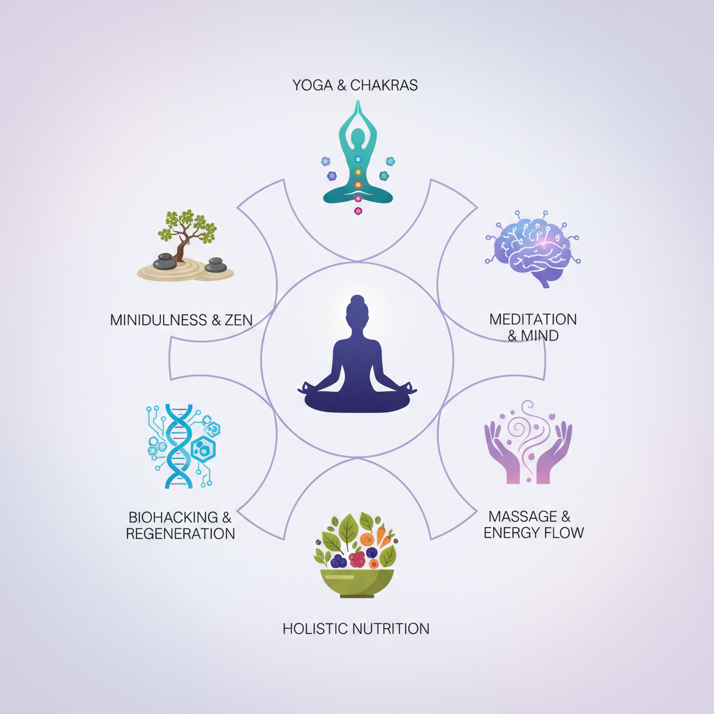 Infographic showing six wellness modalities offered at luxury retreats including yoga, meditation, holistic therapies, and biohacking