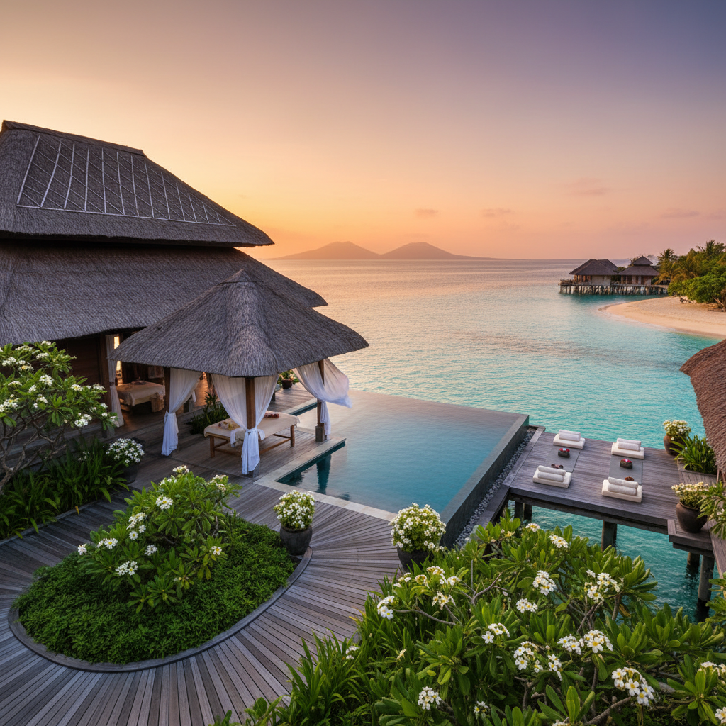Overwater luxury wellness villa with private pool and spa pavilion at exotic tropical resort destination