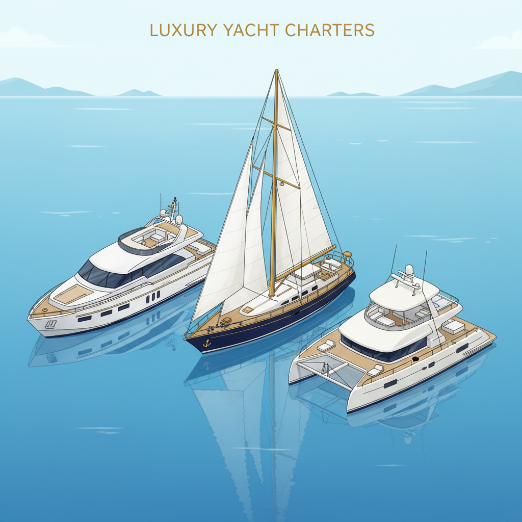 Comparison illustration of three luxury yacht types: motor yacht, sailing yacht, and catamaran