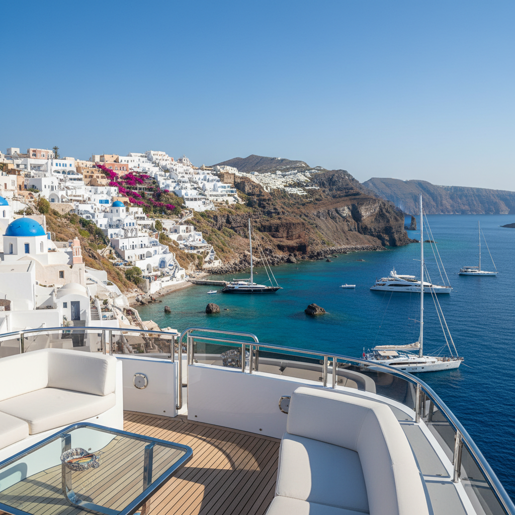 View of Santorini's white buildings and blue domes from a luxury yacht deck in the Greek Cyclades