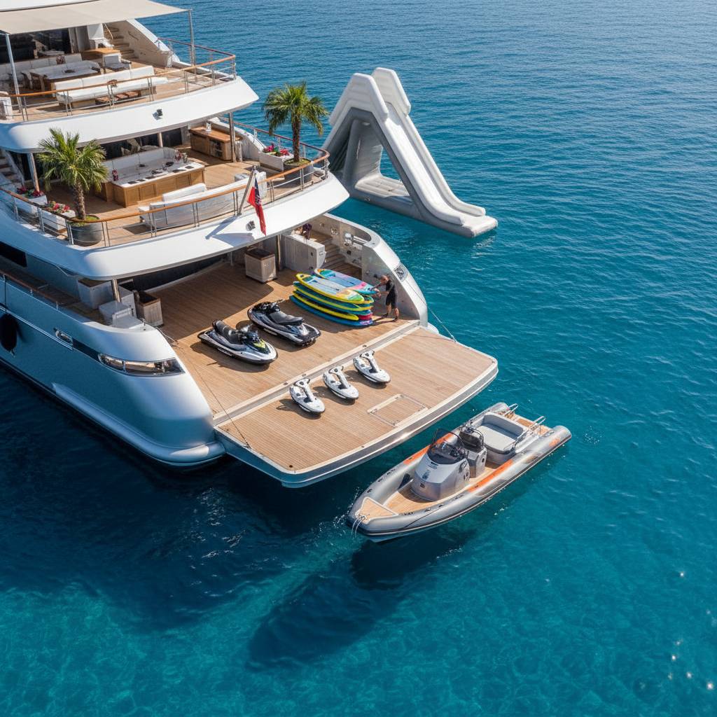 Luxury yacht beach club with water toys including jet skis, Seabobs, and paddleboards on swim platform