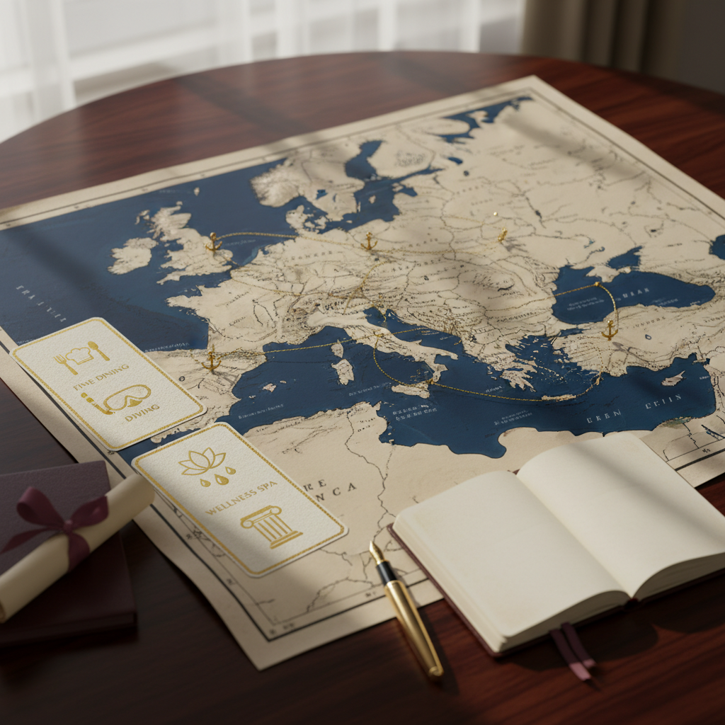 Luxury yacht itinerary planning scene with nautical chart, route markers, and customized experience options