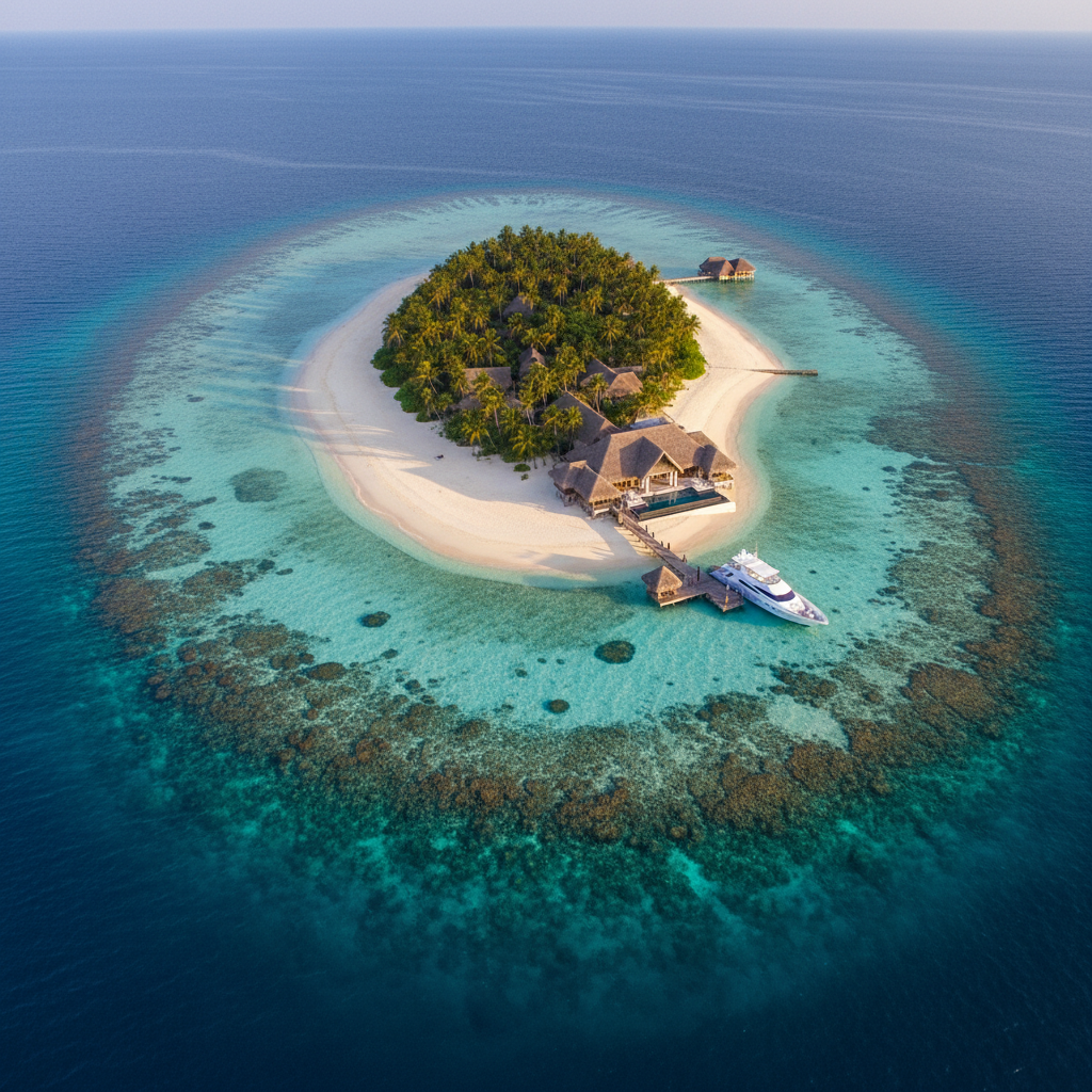 Aerial view of luxury private island resort with overwater villas surrounded by turquoise ocean waters and white sand beaches
