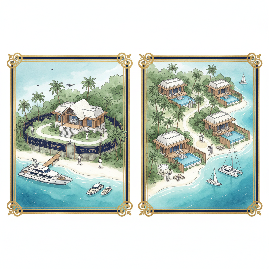 Illustration comparing private island resort types including whole island buyouts and exclusive micro-resorts with limited villas