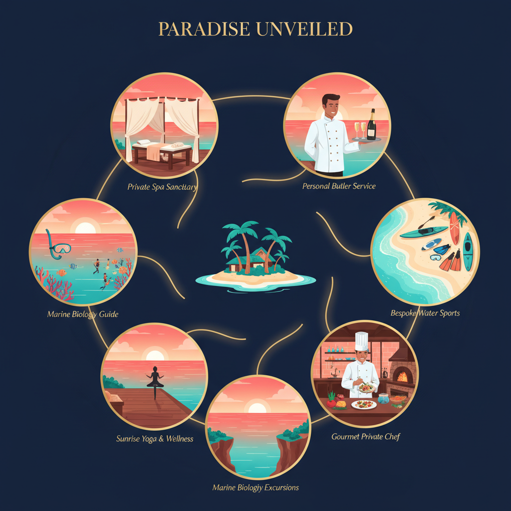 Infographic showing personalized amenities at private island resorts including spa, dining, water sports and wellness services