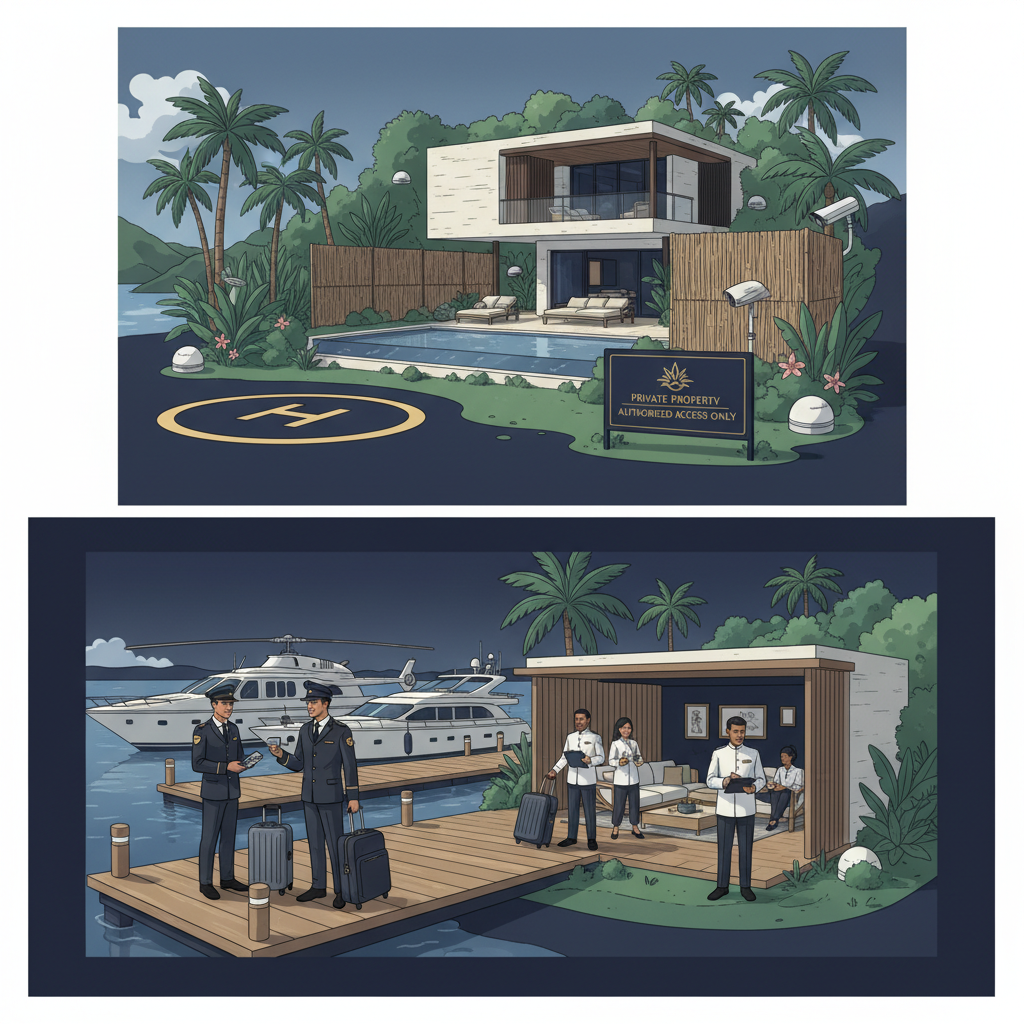 Illustration showing privacy and security features of private island resorts including controlled access and discreet protection