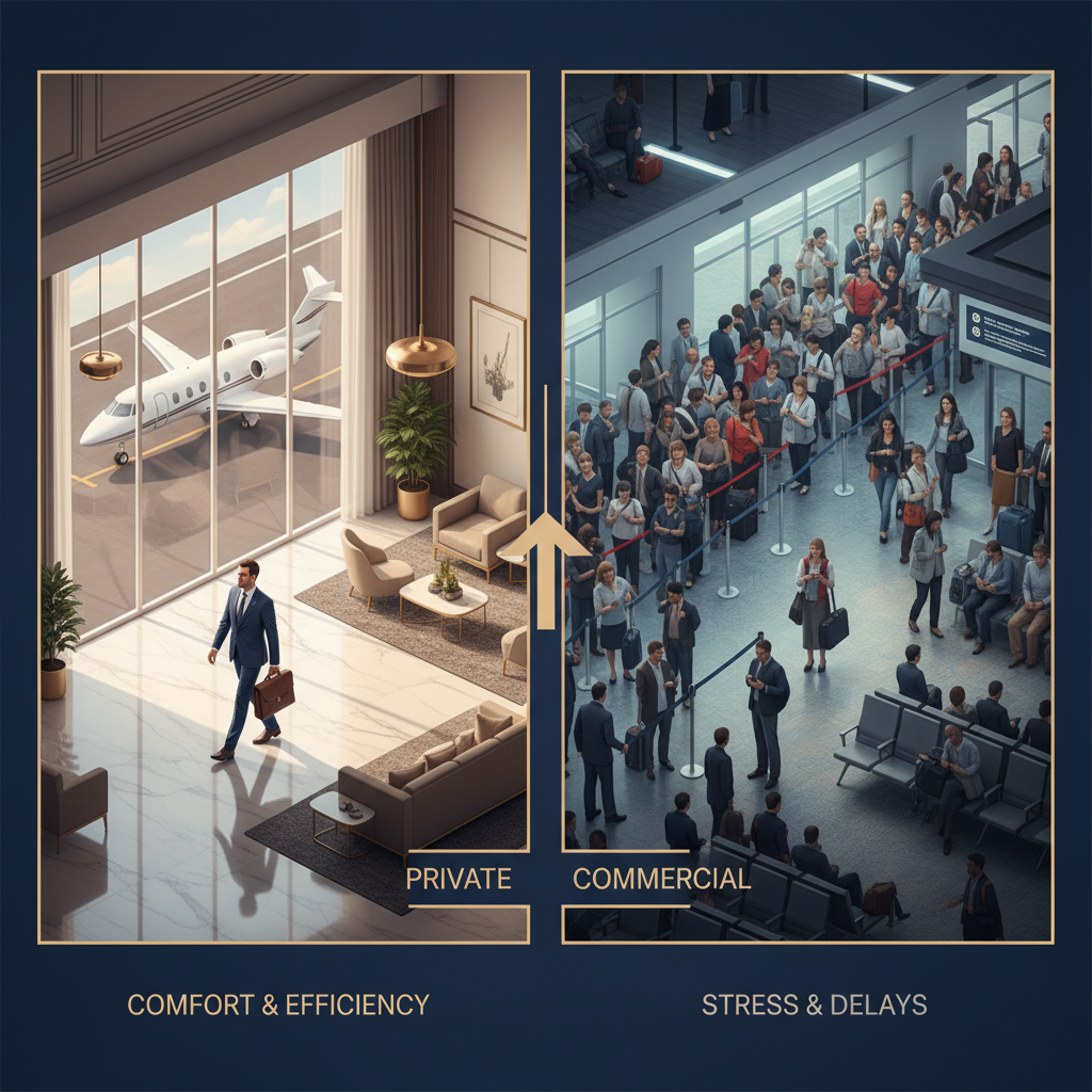 Comparison illustration of private jet terminal versus crowded commercial airport showing time-saving advantages