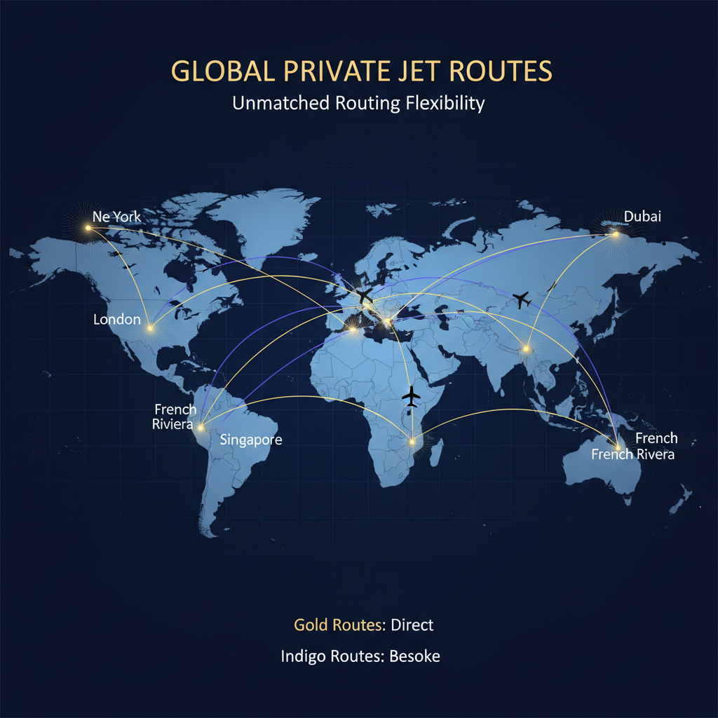 World map illustration showing global private jet routes connecting luxury destinations across continents