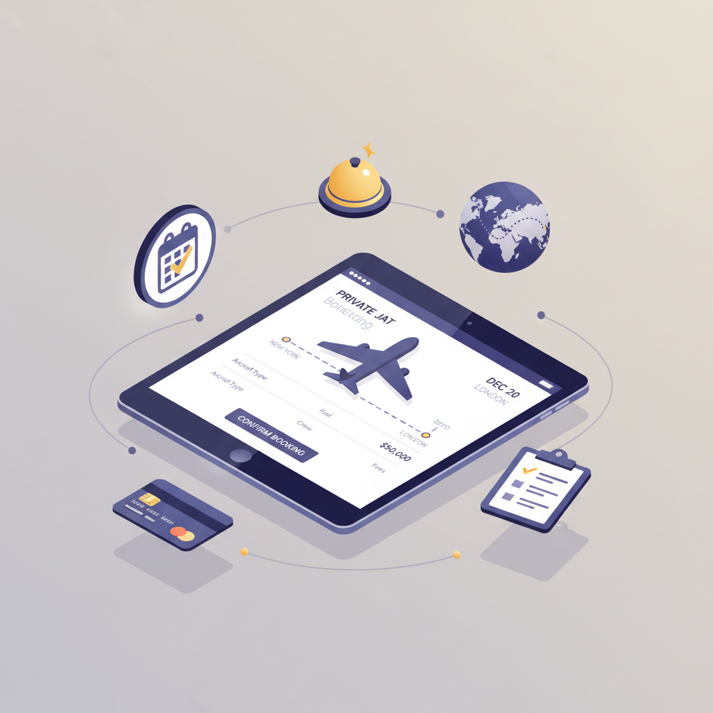 Modern illustration of private jet booking process showing app interface and integrated concierge services