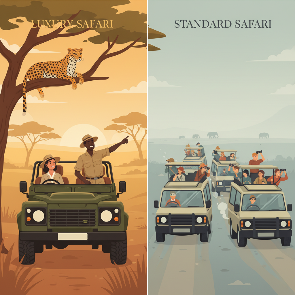 Illustrated comparison between exclusive luxury safari experience and crowded standard safari tours