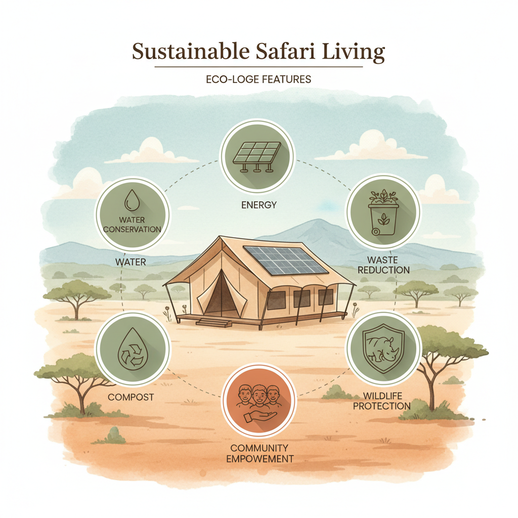 Illustrated infographic showing sustainable practices at luxury African safari lodges including solar power and conservation